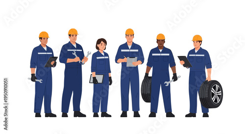 Diverse Team of Professional Auto Mechanics and Industrial Workers in Blue Uniforms and Hard Hats Holding Tools