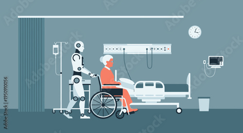 Robot Caregiver Assisting Senior Woman in Wheelchair in Modern Hospital Ward, Future Medical Healthcare and AI Nursing Technology Illustration