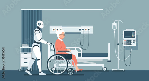 AI Robot Pushing Senior Woman in Wheelchair in Modern Hospital Room - Futuristic Healthcare and Robotic Elderly Care Concept