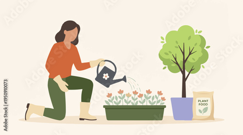 Woman Gardening: Watering Flowers in Planter with Tree and Plant Food
