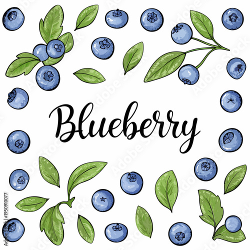 Watercolor blueberries and leaves arranged in a decorative composition