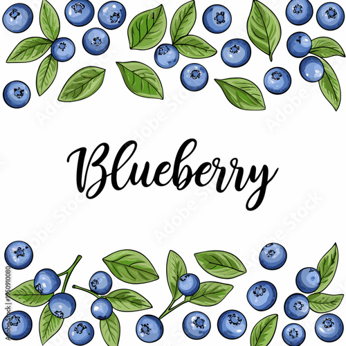 Watercolor blueberries with green leaves arranged in a decorative frame