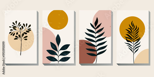 Abstract botanical wall art featuring leaf shapes and muted color palettes