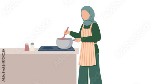 Woman in hijab and apron cooking a meal, stirring pot on kitchen stove