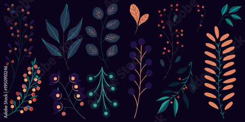 Elegant botanical illustration featuring various branches with leaves and berries