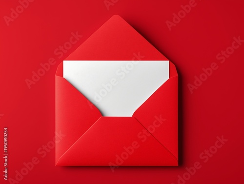 Open red envelope with white blank letter inside. Business post mail concept. Communication sending message, invitation. Perfect for Valentine Day, New Year, Christmas, birthday celebration