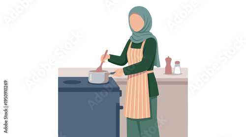 Muslim woman in hijab and apron cooking on stove in a minimalist kitchen