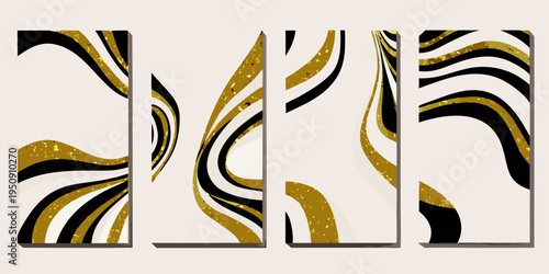 Abstract vertical panels with swirling black gold and white patterns
