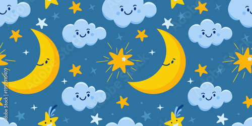 Cute cartoon pattern with smiling clouds moons and shining stars