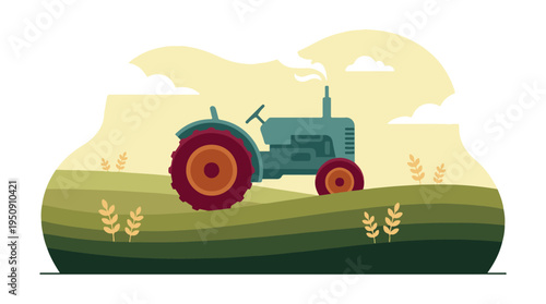 Vintage Farming Tractor in Green Agricultural Field Illustration