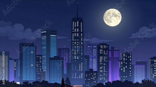 Illustration of a Modern City Skyline at Night under a Full Moon with a Dark Gradient Background