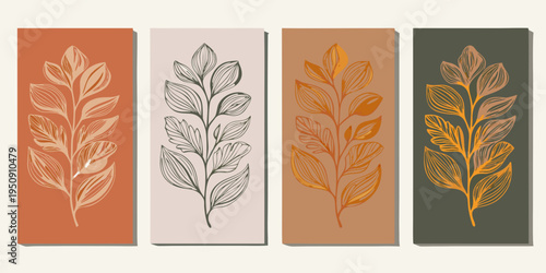 Four botanical wall art panels with stylized leaf illustrations