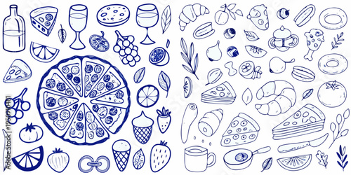 Hand drawn illustration of various foods including pizza fruit and pastries