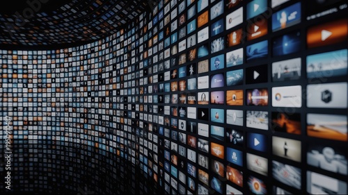 Expansive curved wall displaying a multitude of digital video thumbnails in a dark immersi