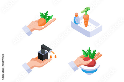 Isometric illustration depicting carrot related scenes and gardening tools