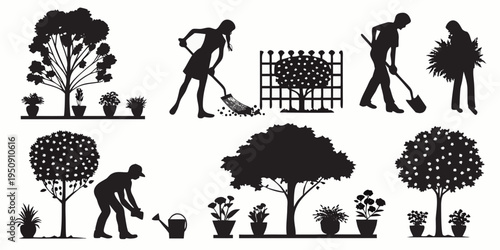 Silhouettes of people gardening and various trees and shrubs