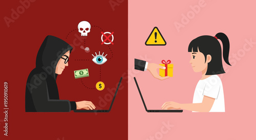 Cyber Grooming and Internet Safety Illustration Showing an Online Predator Targeting a Child with a Gift