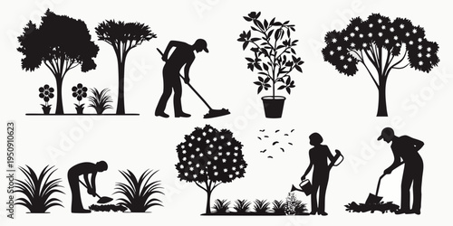 Silhouettes of gardeners tending to plants and various trees