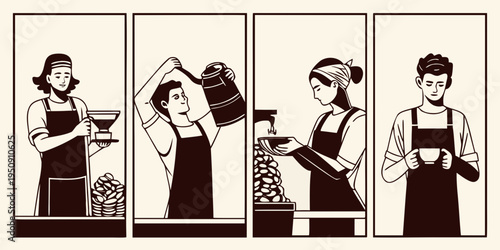Four panels depicting the coffee making process from bean to cup