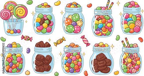 Candy Jar Cartoon Vector Set Featuring Colorful Jelly Beans, Lollipops, Chocolates, and Sweet Treats in Glass Jars for Candy Shop Designs