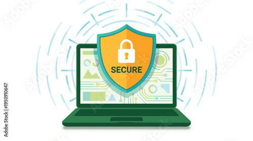 Laptop with security shield, padlock, and secure network icon