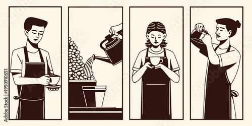 A series of illustrations depicting the coffee making process from bean to cup