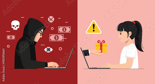 Cyber Security and Online Child Safety Illustration Showing Hacker Targeting a Young Girl with a Phishing Gift through Laptop Screen