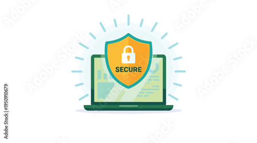 Laptop with glowing security shield icon and padlock for digital data protection