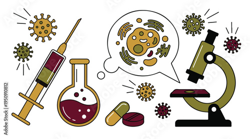 Medical Research and Science Illustration with Viruses, Cells, and Lab Equipment