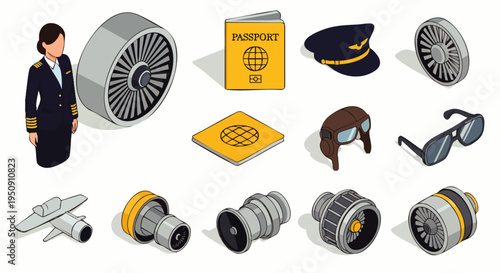 Isometric aviation and travel icons collection. Featuring flight attendant, pilot hat, passport, airplane engines, and essential elements for journey design.