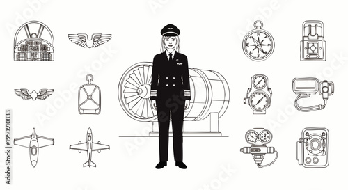 Female pilot and aviation line art icons set: aircraft, jet engine, cockpit instruments, flight gear. Illustrating air travel, aerospace, and professional pilot career.