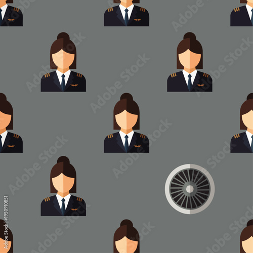 Seamless pattern of professional female airplane pilots in uniform and an aircraft engine, representing women's careers, empowerment, and modern aviation.