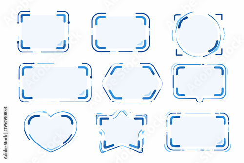 Set of futuristic blue QR code scanner frames and viewfinder templates for mobile app interfaces. Digital UI UX design elements in various shapes like heart, star, circle, and hexagon for scanning.