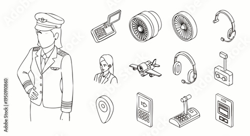 Isometric Line Art Icons Set: Female Pilot, Jet Engines, Aircraft, and Aviation Devices for Flight and Travel Industry Designs