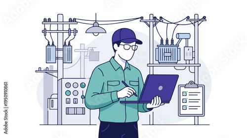 Electrical technician performing maintenance on power grid infrastructure with laptop