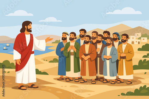 Flat vector illustration of Jesus Christ preaching to his twelve disciples by the Sea of Galilee. Biblical scene showing the calling of the apostles in a desert landscape with a village.