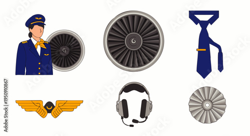 Aviation professional icons: female pilot uniform, jet engine turbines, pilot wings, headset, and tie. Essential elements for flight and air travel career.