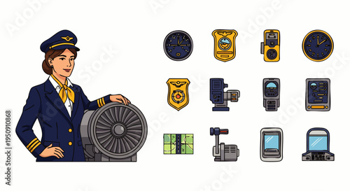 Female pilot in uniform with a set of aviation and travel icons: pilot badges, security scanners, flight controls, and money. Represents modern air travel and aerospace careers.