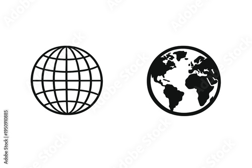 Black and White Vector Icons of Earth Globe and Wireframe Sphere Isolated on White Background; Minimalist Planet Symbols for Global Business, International Travel, and World Wide Web Logo Design