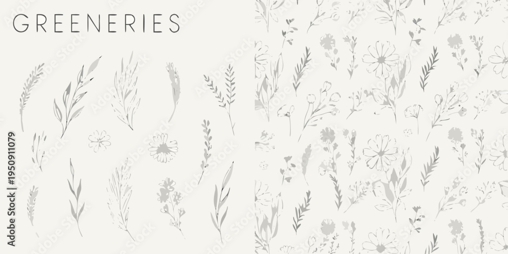 Obraz premium Delicate botanical illustrations of wildflowers and grasses on a white background