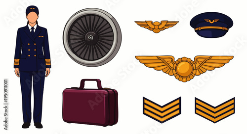 Female Pilot Uniform and Aviation Accessories Set: Professional Hat, Golden Wings, Rank Insignia, Briefcase, and Jet Engine Illustration