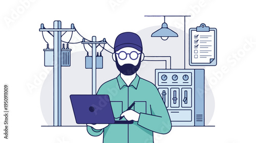 Electrical engineer monitoring power grid infrastructure with laptop
