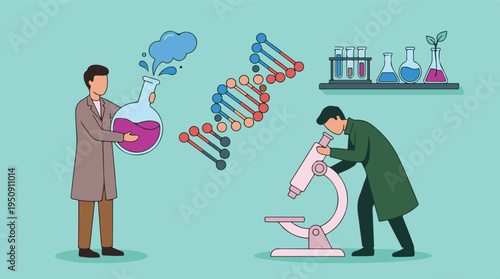 Scientists conducting research with chemicals, DNA, and microscope in lab