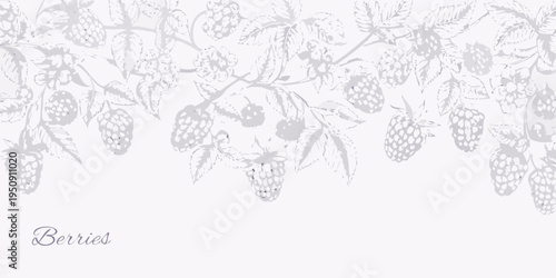 Delicate sketch of raspberries and leaves forms a seamless border pattern