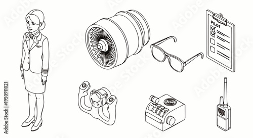 Isometric line art illustration set of aviation elements including a pilot or flight attendant, jet engine, cockpit controls, and flight planning tools.