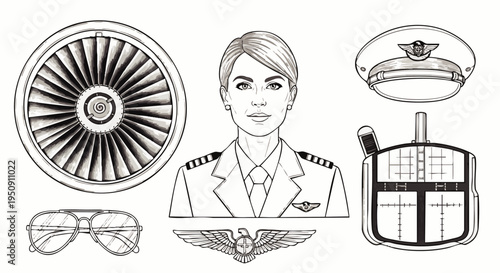 Female pilot and aviation gear vector set: uniform, hat, sunglasses, wings, jet engine, cockpit instruments. Ideal for professional air travel career.