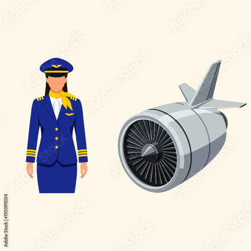 Professional female airline pilot in uniform standing beside a detailed jet engine illustration. Represents aviation career, technology, and air travel.