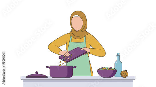 Muslim woman in hijab cooking, preparing healthy meal in a modern kitchen