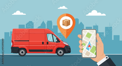 Delivery Service Concept: Red Van and Hand Holding Smartphone with GPS Map for Package Tracking in Modern City Landscape