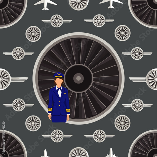 Seamless pattern with airplane engines, aircraft silhouettes, and a female pilot. Vector illustration for aviation, travel, and flight themes.